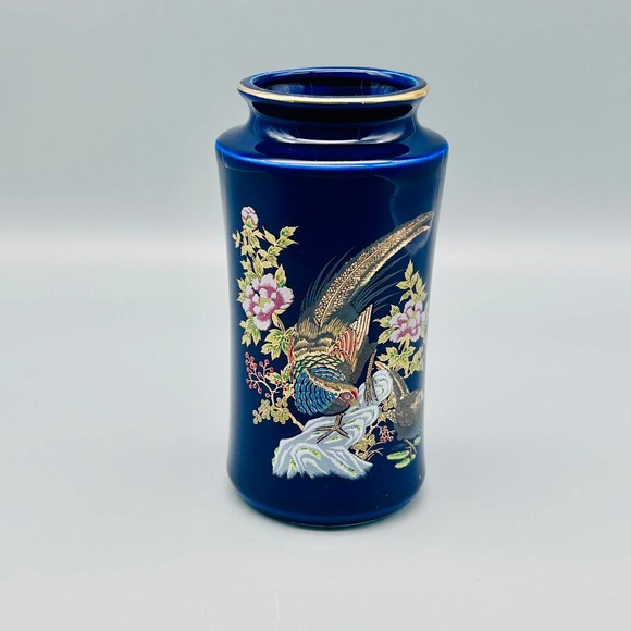 Vintage Cobalt Japanese Floral & Bird Vase 6” - Picture 1 of 9